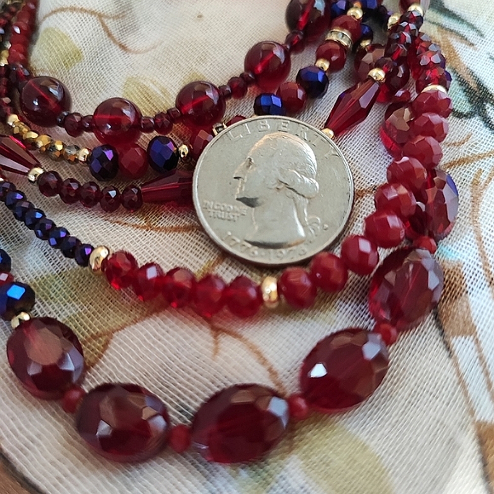 NRQ Ruby Red Faceted Glass Crystal and Purple Beaded Gold Tone Necklace Signed - Picture 13 of 16